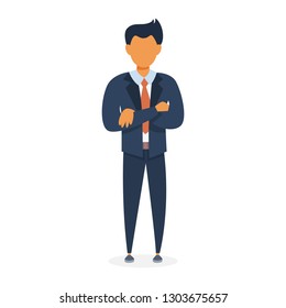 Businessman in suit standing with crossed arms. Office worker. Handsome happy guy. Vector illustration in cartoon style