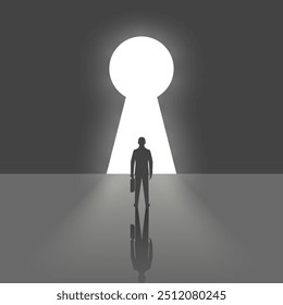 Businessman in suit standing in front of keyhole. Solution to problem business concept. Man looks at open opportunities. Male walking go to goal. Vector illustration flat design.