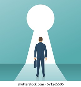 Businessman in suit standing in front of keyhole. Solution to problem business concept. Man looks at open opportunities. Male walking go to goal. Vector illustration flat design. Isolated background.
