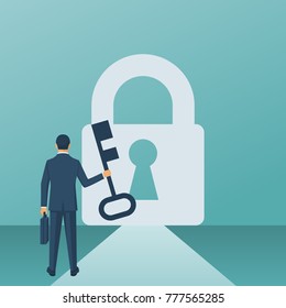 Businessman in suit standing in front of keyhole with key in hand. Solution to problem business concept. Man looks open opportunities. Male walking go to goal. Vector flat design. Isolated background
