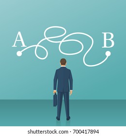 Businessman in suit standing in front of tangled paths. Complicated drawing line from point A to point B on wall. Concept problems solutions. Vector illustration flat design. Isolated on background.