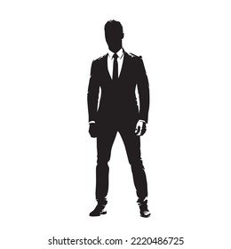 Businessman in suit standing, isolated vector silhouette, front view. Business man in suit