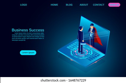 businessman in a suit standing looks in the mirror of the computer laptop screen and sees there a superhero. business success concept. flat isometric vector illustration