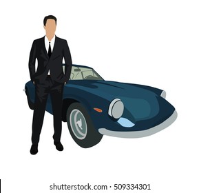 Businessman In Suit Standing Next To Dark Old Sport Car. Man With Luxury Car. Vector Illustration