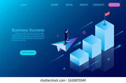 businessman in a suit standing on a paper plane while flying above a bar graph go to red flag. business success concept. startup. flat isometric vector illustration
