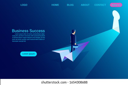 businessman in a suit standing on a paper plane while flying go to key slot. business success concept. startup. flat isometric vector illustration