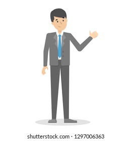 Businessman in suit standing and showing thumbs up. Man in a good mood smiling. Handsome happy guy. Vector illustration in cartoon style