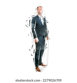 Businessman in suit standing, side view, isolated low polygonal vector illustration