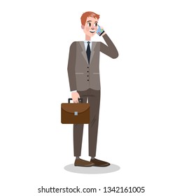 Businessman in suit standing and talking on the mobile phone. Man holding briefcase. Manager character. Vector illustration in cartoon style