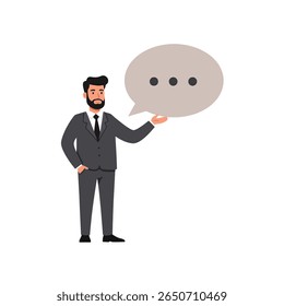 A businessman in a suit stands confidently, holding a speech bubble with ellipses, suggesting communication, presentation, or discussion.