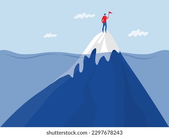 a businessman suit stands on top of a mountain holding the flag on underwater new beginning, future  success concept. Vector illustration