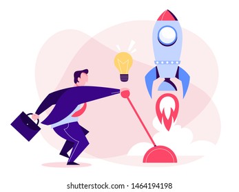 Businessman in suit start a new project. Idea of startup, rocket as metaphor of new business. Personal growth and success. Vector illustration in cartoon style