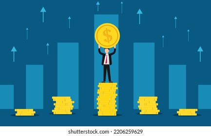 Businessman in a suit stood on top of the gold coins arranged in descending order, holding up the gold coins. Behind the graph with an arrow rising like a growing businessman.