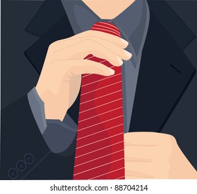 Businessman in a suit straightens his tie. Vector illustration.