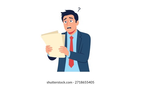 Businessman in a suit studies a document with a puzzled expression