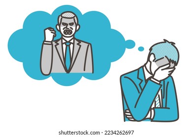 Businessman in suit suffering from power harassment by his boss at work [Vector illustration].