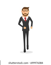 Businessman in a suit with a suitcase and runs forward. Isolated on white background
