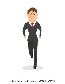 Businessman in a suit with a suitcase and runs forward. Isolated on white background