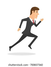 Businessman in a suit with a suitcase and runs forward. Isolated on white background