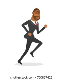 Businessman in a suit with a suitcase and runs forward. Isolated on white background