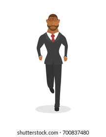 Businessman in a suit with a suitcase and runs forward. Isolated on white background