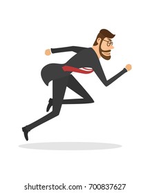 Businessman in a suit with a suitcase and runs forward. Isolated on white background
