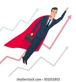 Businessman in a suit superhero flies up above line chart. Vector illustration isolated on white background in flat style.