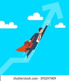 Businessman in a suit superhero flies up in the sky. Leadership and business growth concept.  Flat design. Vector illustration