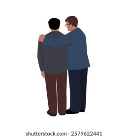 Businessman in suit supports colleague. Two adult businessmen are standing. Back view. Vector color isolated illustration.