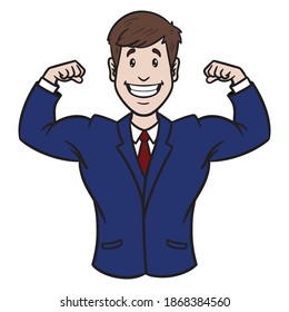 businessman in a suit tenses his muscles.