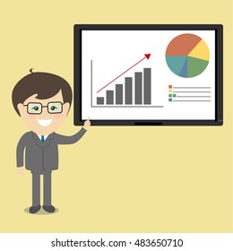 Businessman in suit and tie doing a presentation explaining the monitor chart . Sleek style vector illustration .