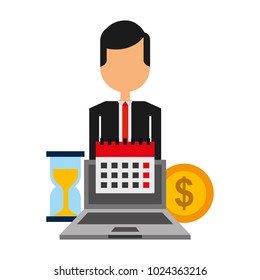 businessman with suit tie and laptop calendar money clock