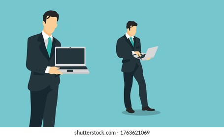 Businessman in suit, tie and laptop in hands