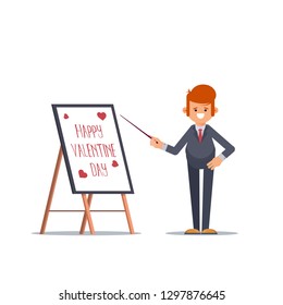 Businessman in a suit and tie, making a presentation, Valentine's Day. Business seminar. Flat Vector Illustration - Vector