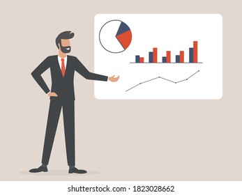 Businessman in suit and tie making presentation explaining charts on a white board. Business seminar. Flat style vector illustration
