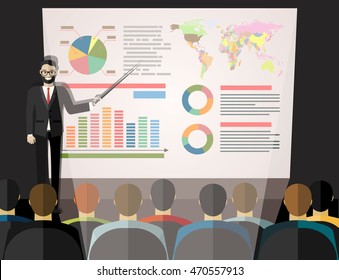 Businessman in suit and tie making presentation explaining charts on a white board. Business seminar. Flat style vector illustration 