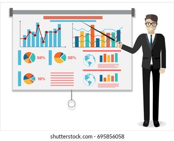 Businessman in suit and tie making presentation explaining charts on a white board. Business seminar. Flat style vector illustration isolated on white background.