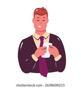 Businessman in suit and tie using smartphone, reading or writing message. Flat cartoon style. Vector illustration for business, office, communication, or modern lifestyle design
