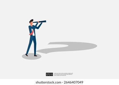 Businessman in Suit Using a Telescope to Explore Future Opportunities and Strategic Vision in an Abstract Landscape. Businessman character vector illustration