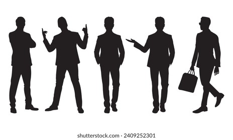 Businessman in a suit walking, Businessmen poses vector silhouette set isolated on a white background. Businessmen Silhouettes.