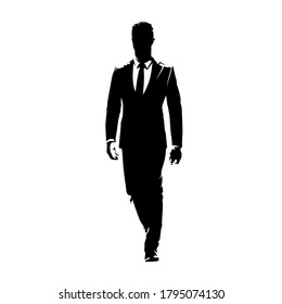 Businessman in suit walking forward, abstract vector silhouette, ink drawing. Isolated character