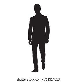 Businessman in suit walking forward. Front view. Isolated vector silhouette. Young man in formal dress