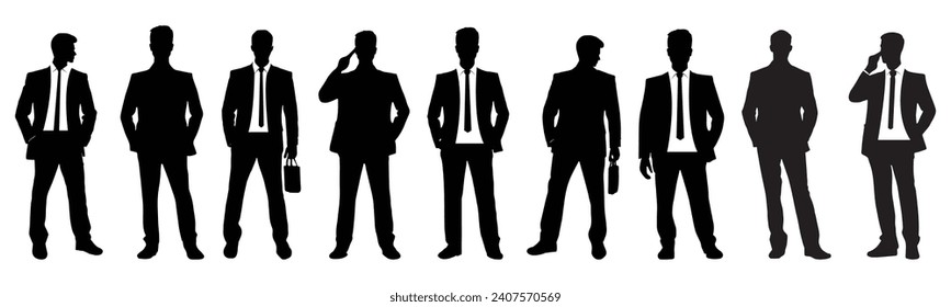 Businessman in a suit walking with a hand in his pocket, Businessman different poses silhouette set isolated on white background.