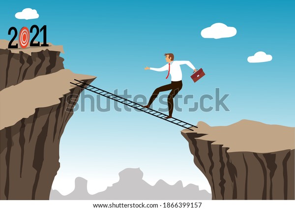 Businessman in suit walking on\
ladder with suitcase to target in 2021 number. Business man walking\
on tightrope gap. Risk management challenge. illustration in flat\
style