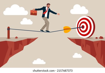 Businessman in suit walking on rope with suitcase to target. Business man walking on tightrope gap. financial crisis. Risk management challenge. illustration in flat style