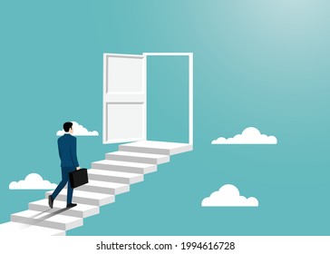 Businessman in suit walking to the opened door. Man opens door looking for work. Business success concept. Motivation and startup concept. Beginning of business career. Vector illustration flat design