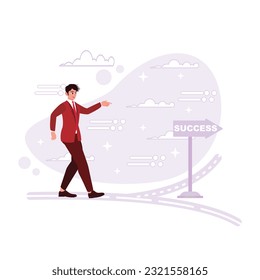 Businessman in a suit walking towards business success arrow. Trend Modern vector flat illustration.