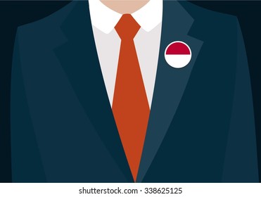 Businessman In Suit Wearing Indonesia Badge. Country flag badge closeup. Vector illustration