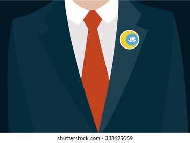 Businessman In Suit Wearing Kalmykia Badge. Country flag badge closeup. Vector illustration