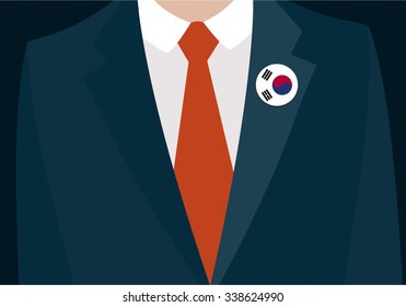 Businessman In Suit Wearing Korea South Badge. Country flag badge closeup. Vector illustration
